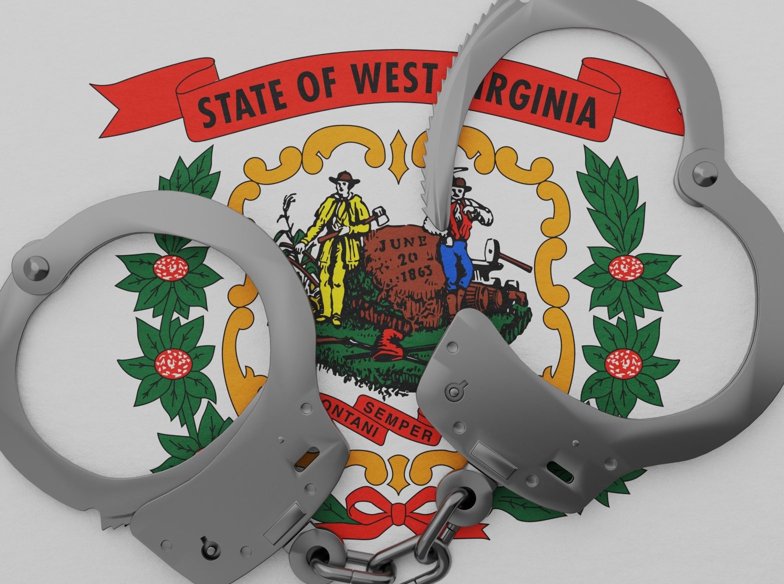 a half opened steel handcuff in center on top of the US state flag of West Virginia.